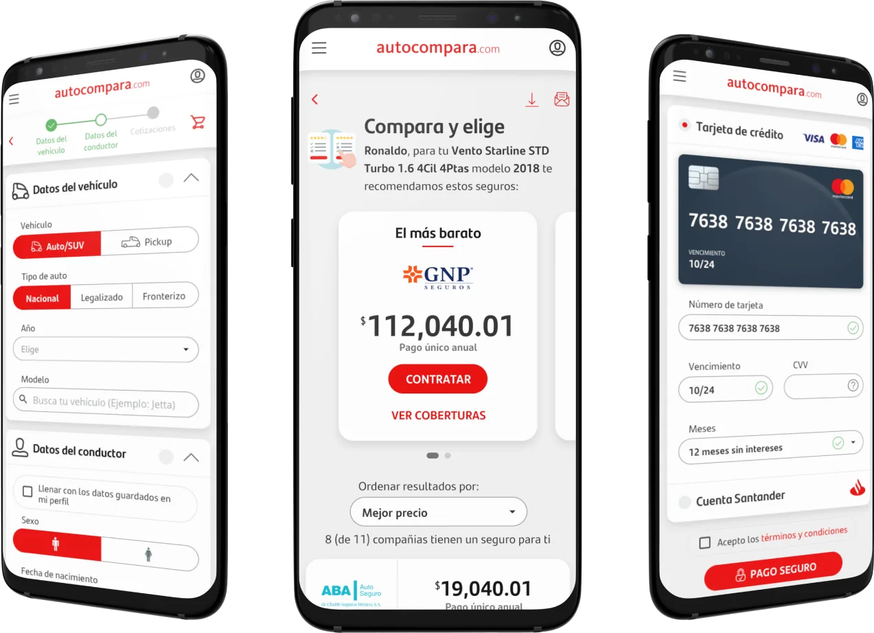Autocompara mobile flow: vehicle details, quote comparison and secure payment