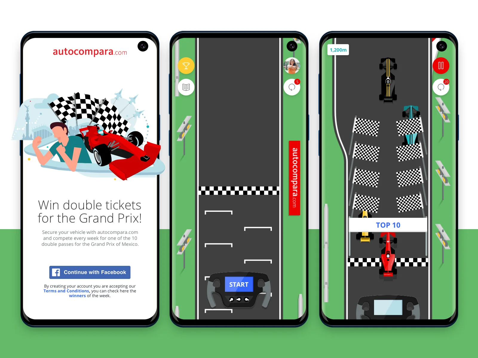 Game screens: start, race and podium