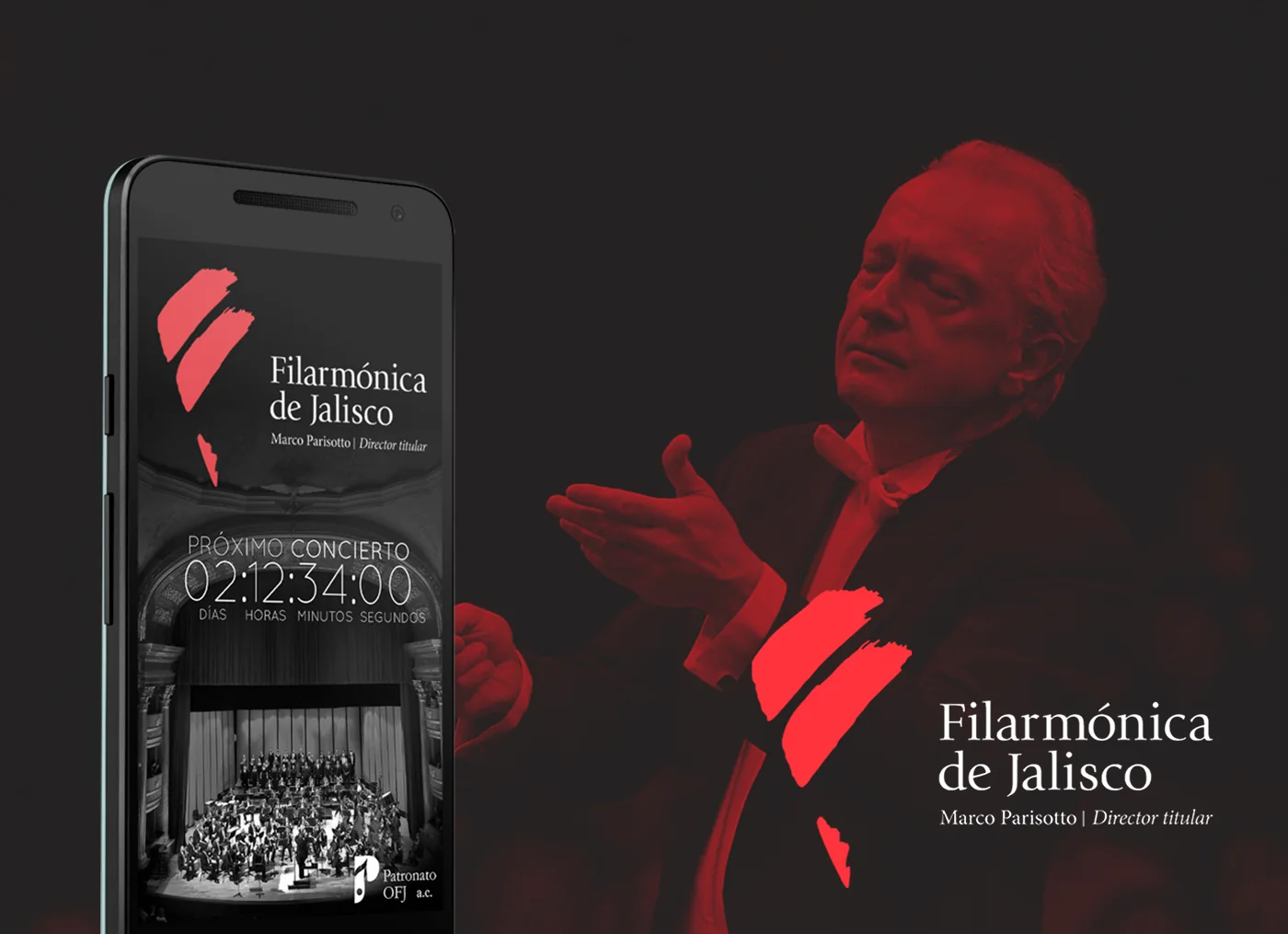 Jalisco Philharmonic app next to its conductor, Marco Parisotto