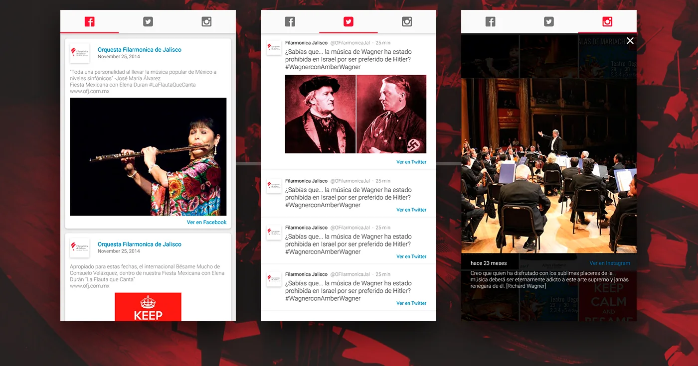 Facebook, Twitter and Instagram feeds inside the app