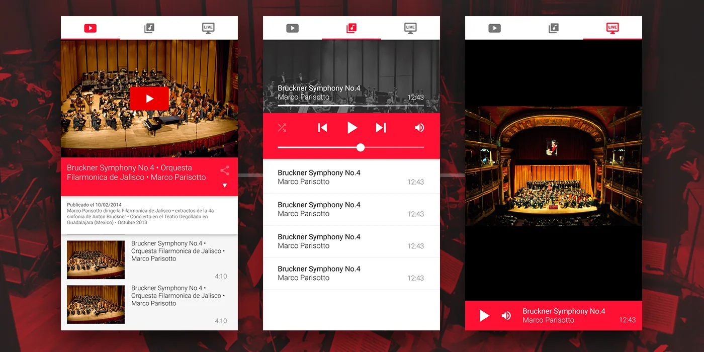 Video, music player and live streaming screens