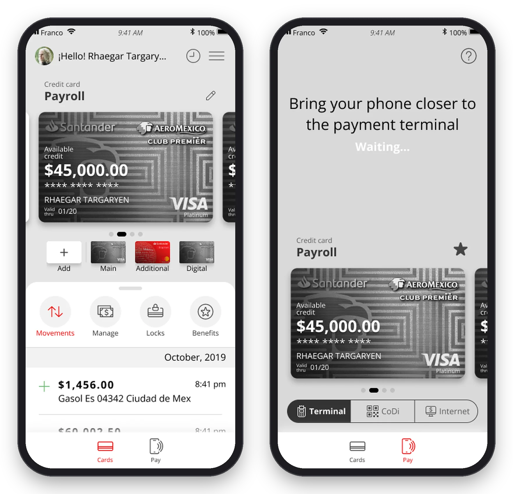 Santander Wallet redesign: cards screen and pay screen