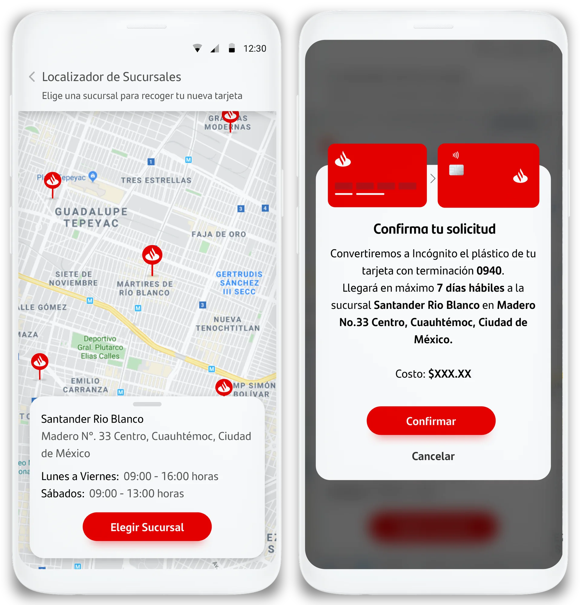 Branch locator and card request confirmation in the Wallet app