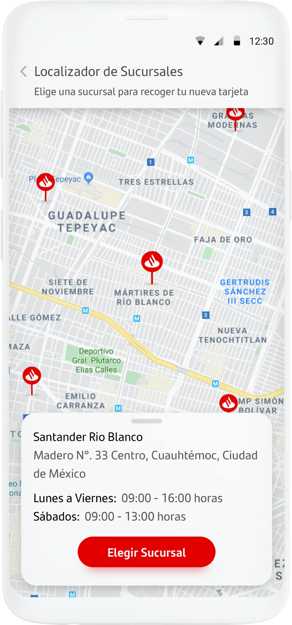Branch locator in the Santander Wallet app